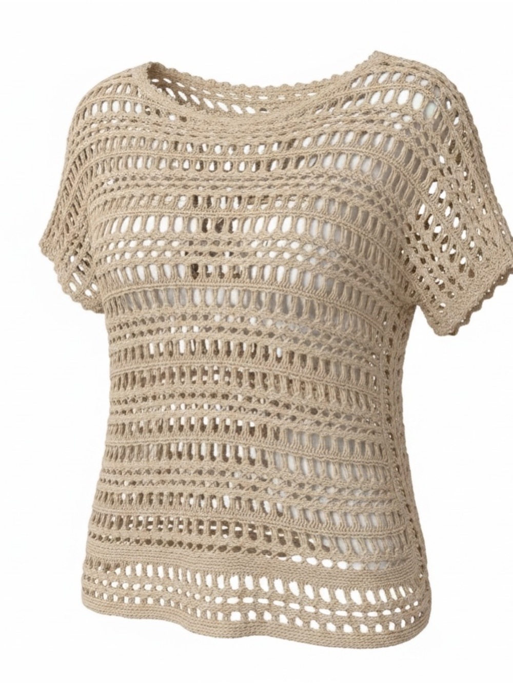 Chico's Oatmeal Crochet Duster Cardigan - Size 2 M - Open Front Lightweight